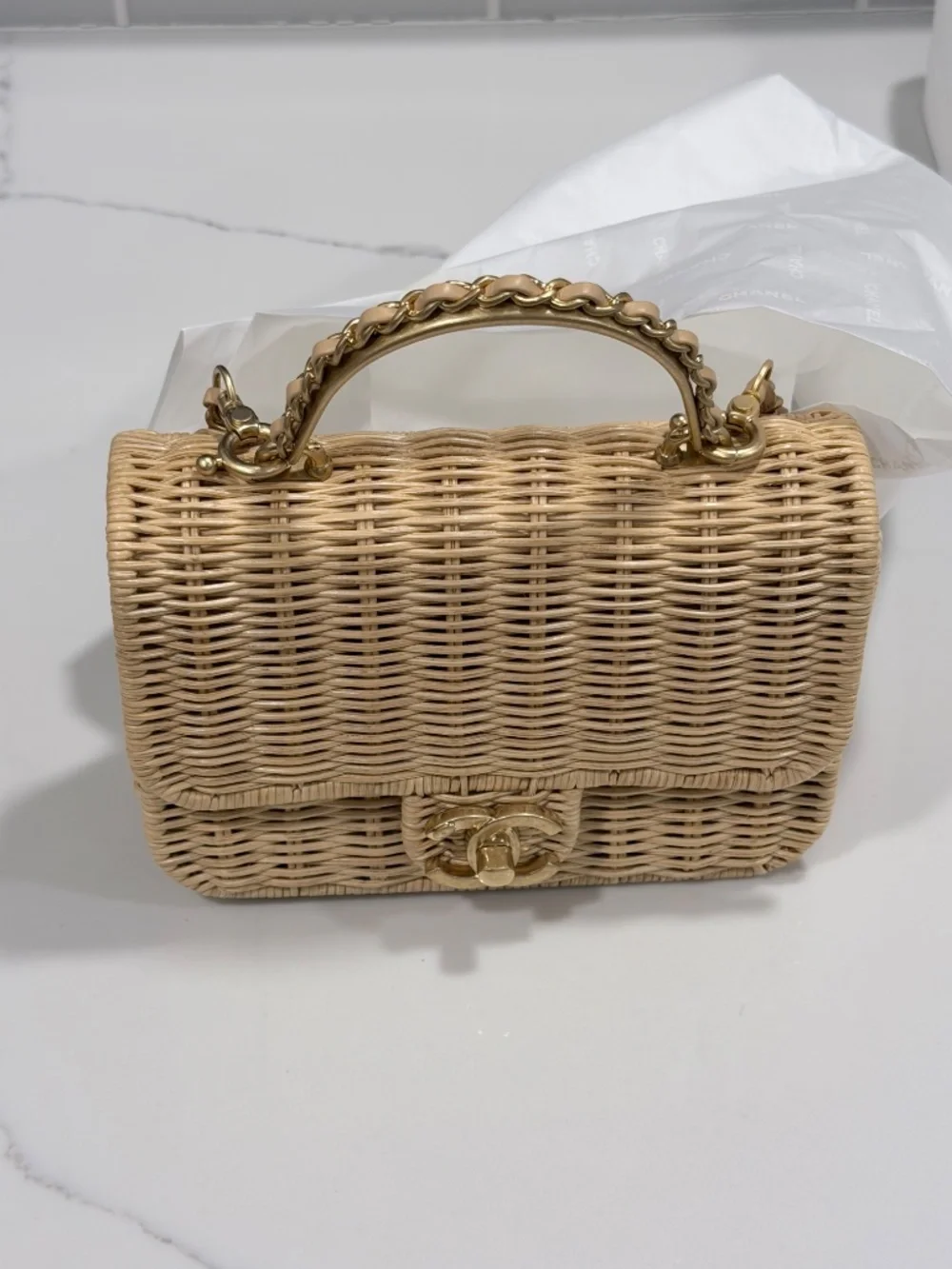 Chanel Mini Flap Bag with Top Handle Beige Braided Rattan Gold-Tone Hardware